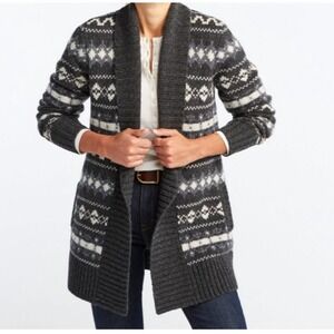 LL Bean‎ 100% Lambs Wool Fair Isle Cardigan Womens L Gray Long Open Front Warm